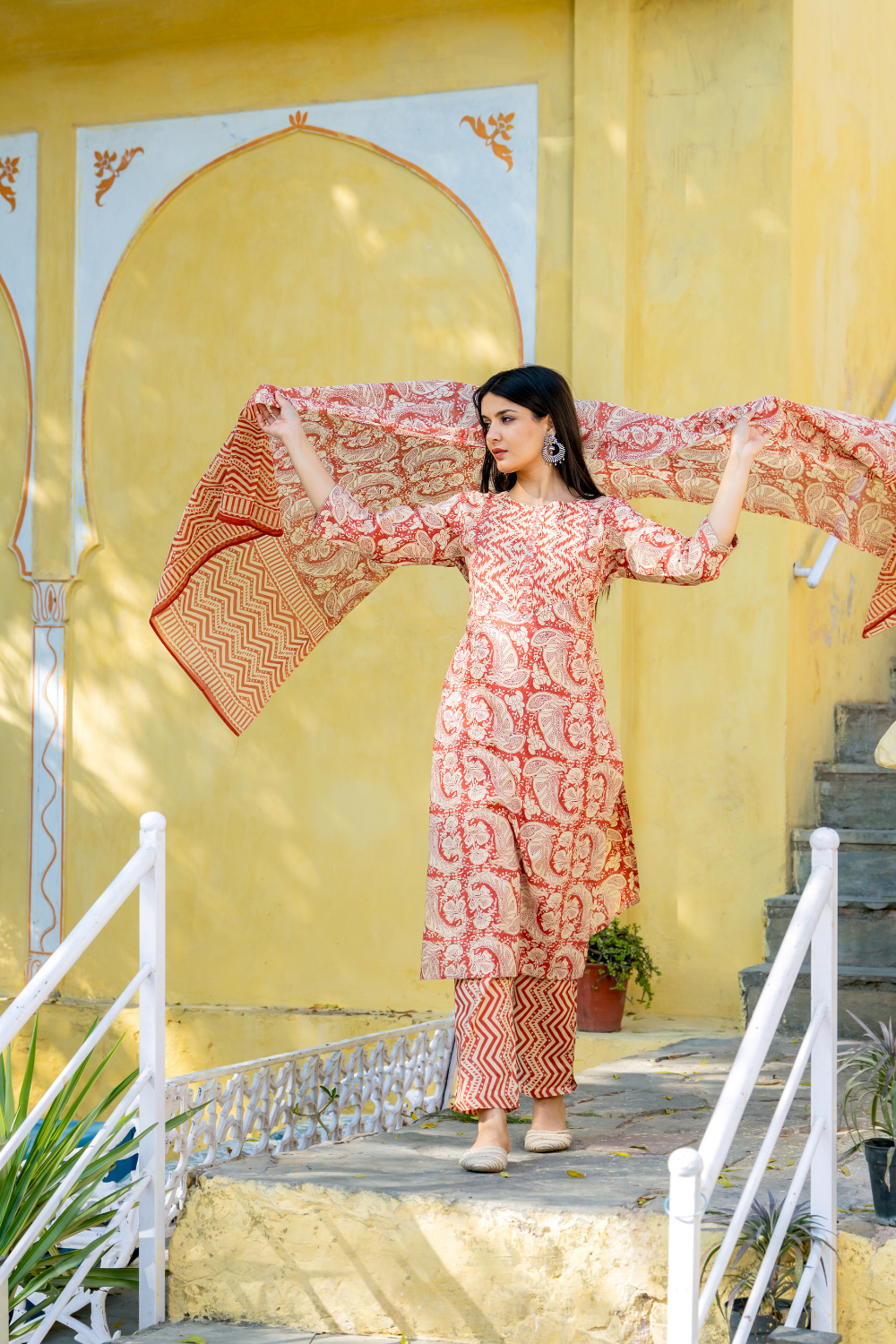 Rust Red Cotton Printed Suit with Embroidered Neckline