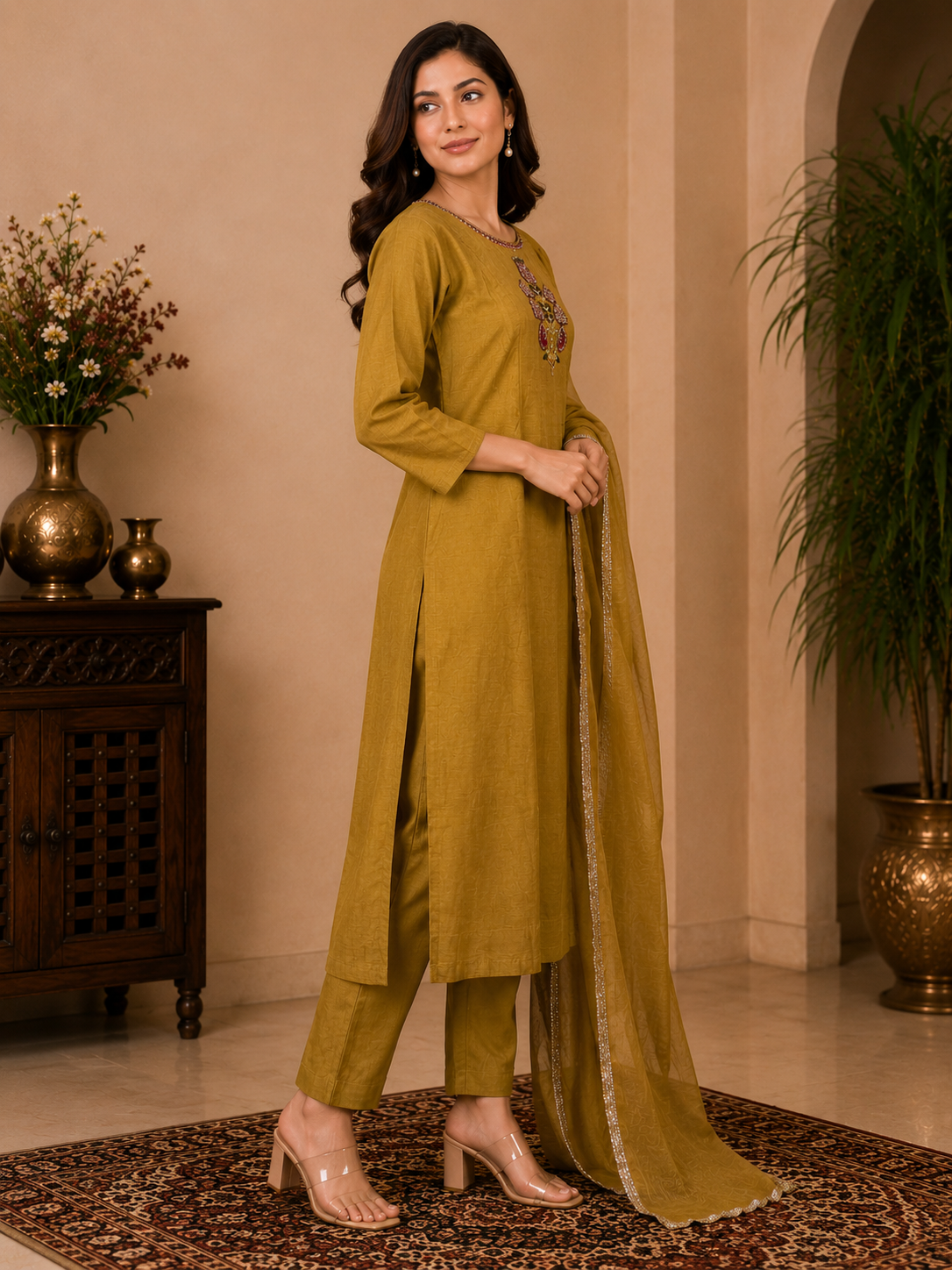 Premium Mul Chanderi Suit Set with Elegant Handwork