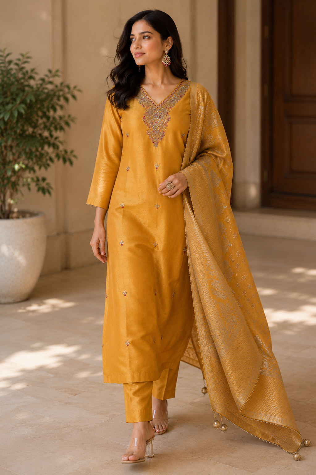 Mustard Silk Suit Set with Banarasi Dupatta & Gotta Patti Work