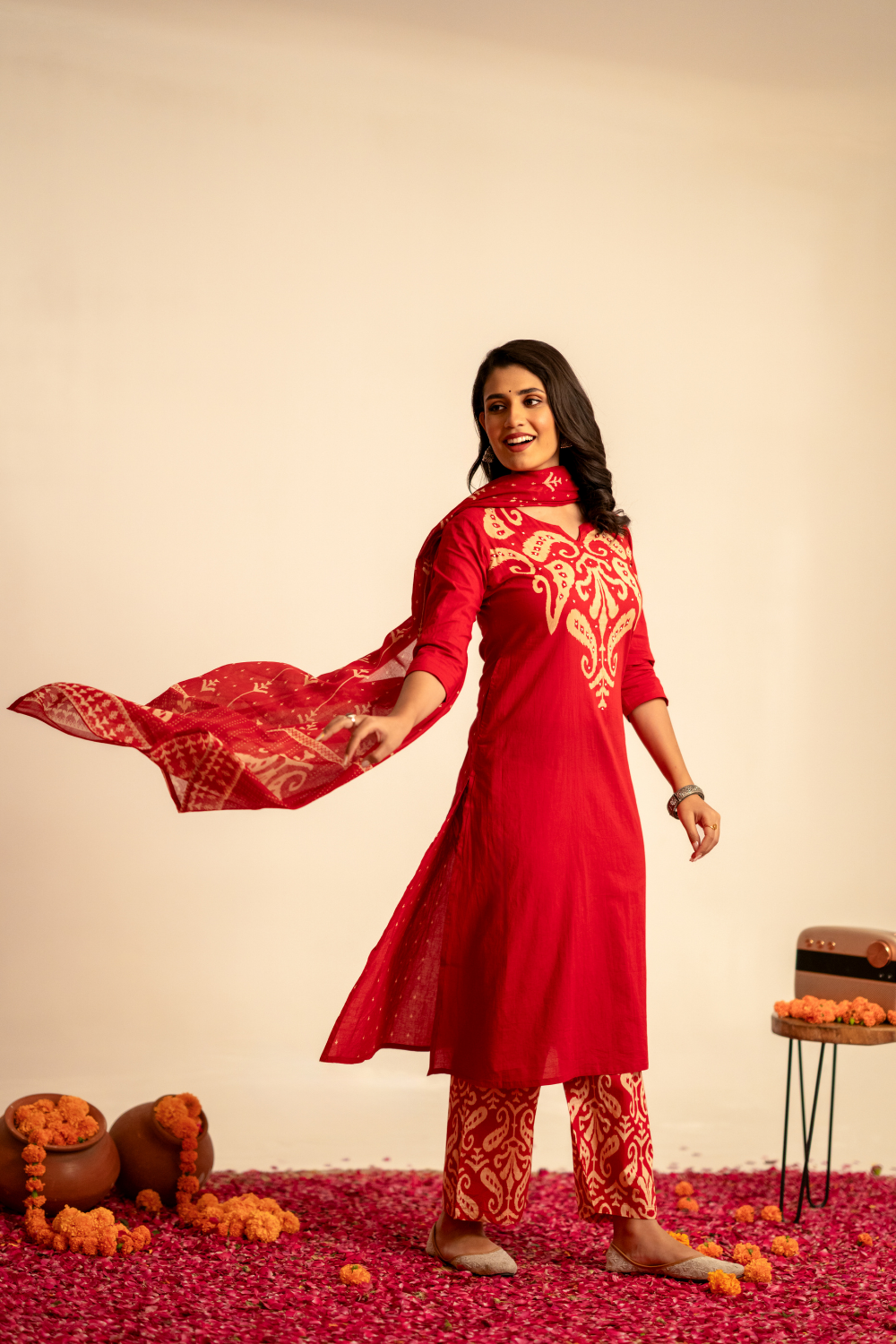 Red Ikat Printed Cotton Suit Set