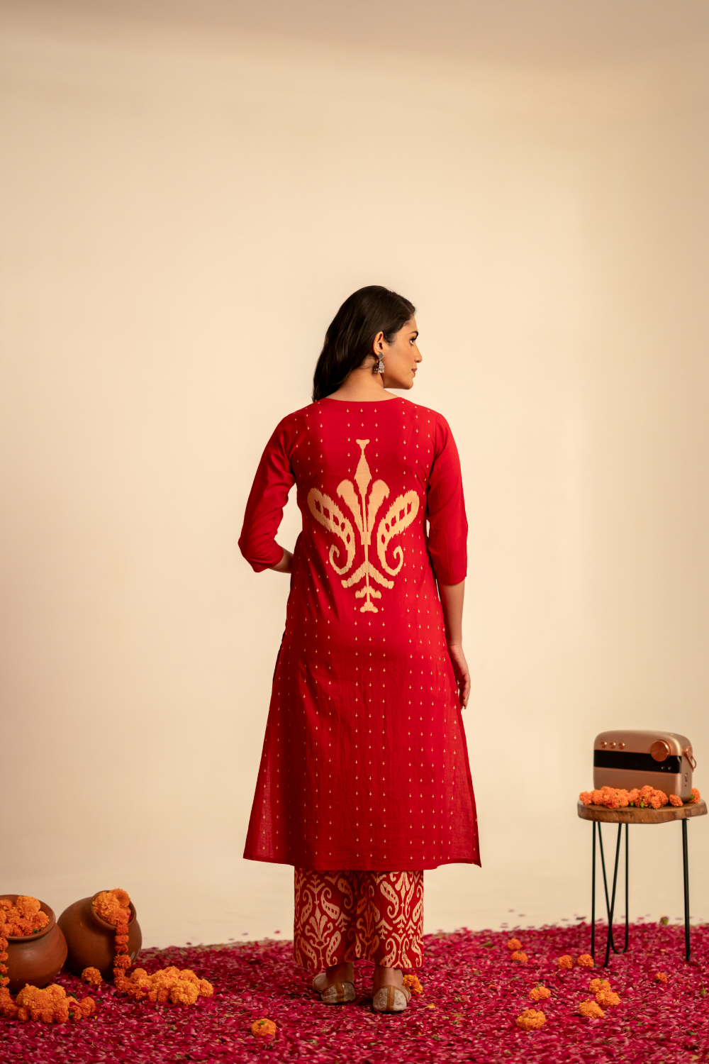 Red Ikat Printed Cotton Suit Set