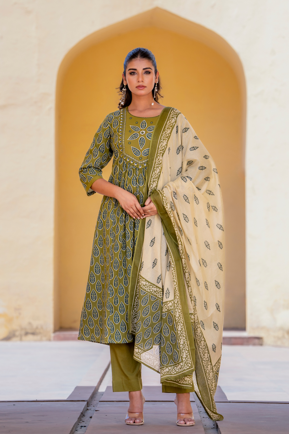 Olive Green Cotton A-line Suit with Embroidered Neckline