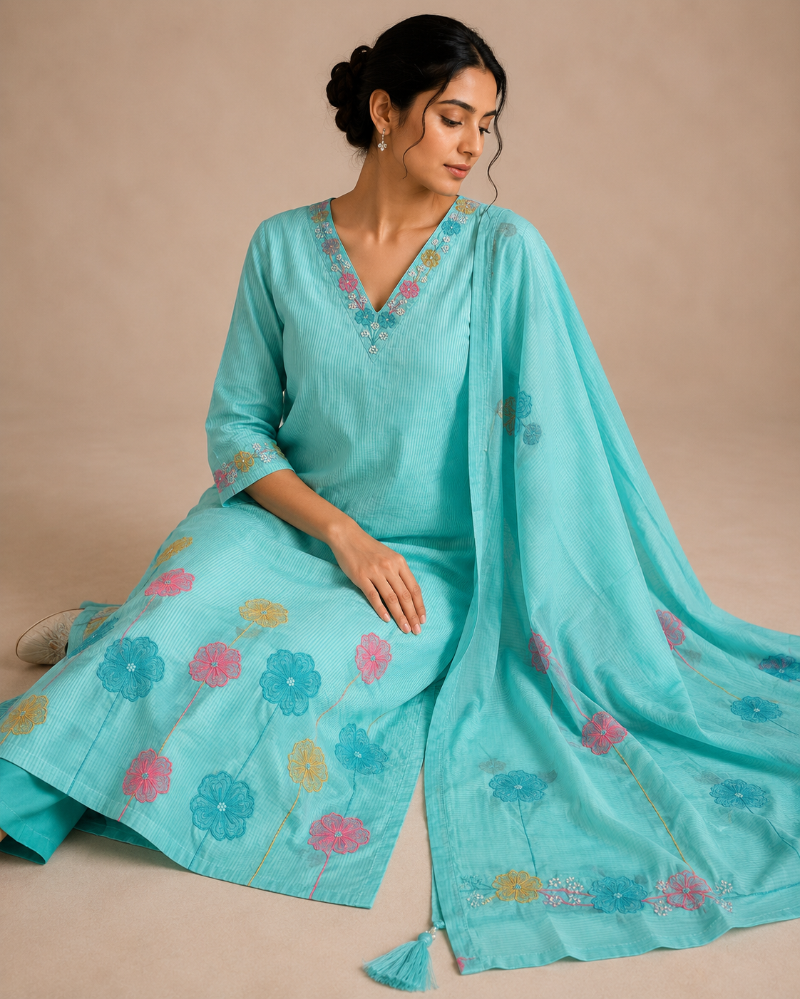 Premium Cotton Suit Set with Thread & Pearl Work