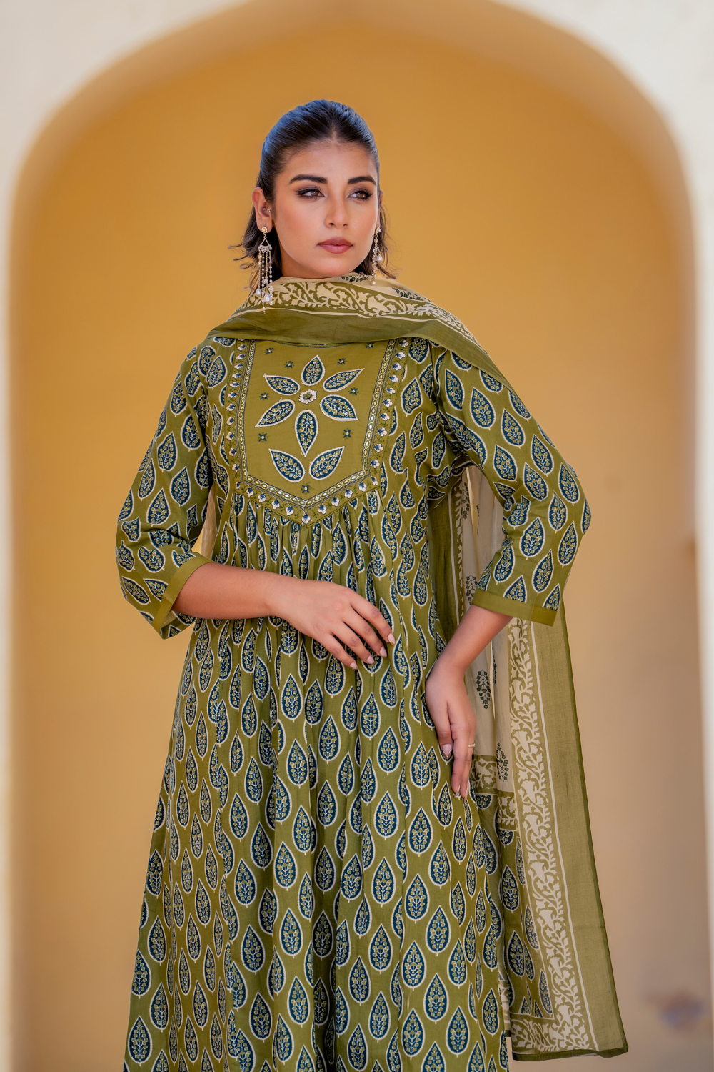 Olive Green Cotton A-line Suit with Embroidered Neckline