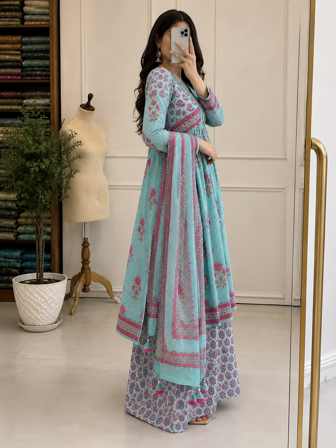 Cotton Printed Anarkali Suit Set with Lace Details