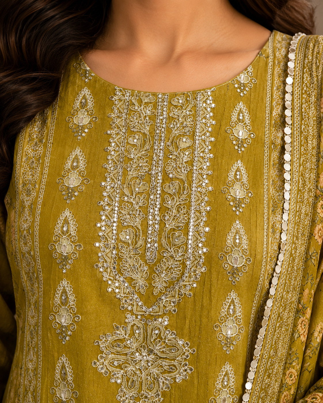 Crust Tissue Suit Set with Thread & Mirror Work Print
