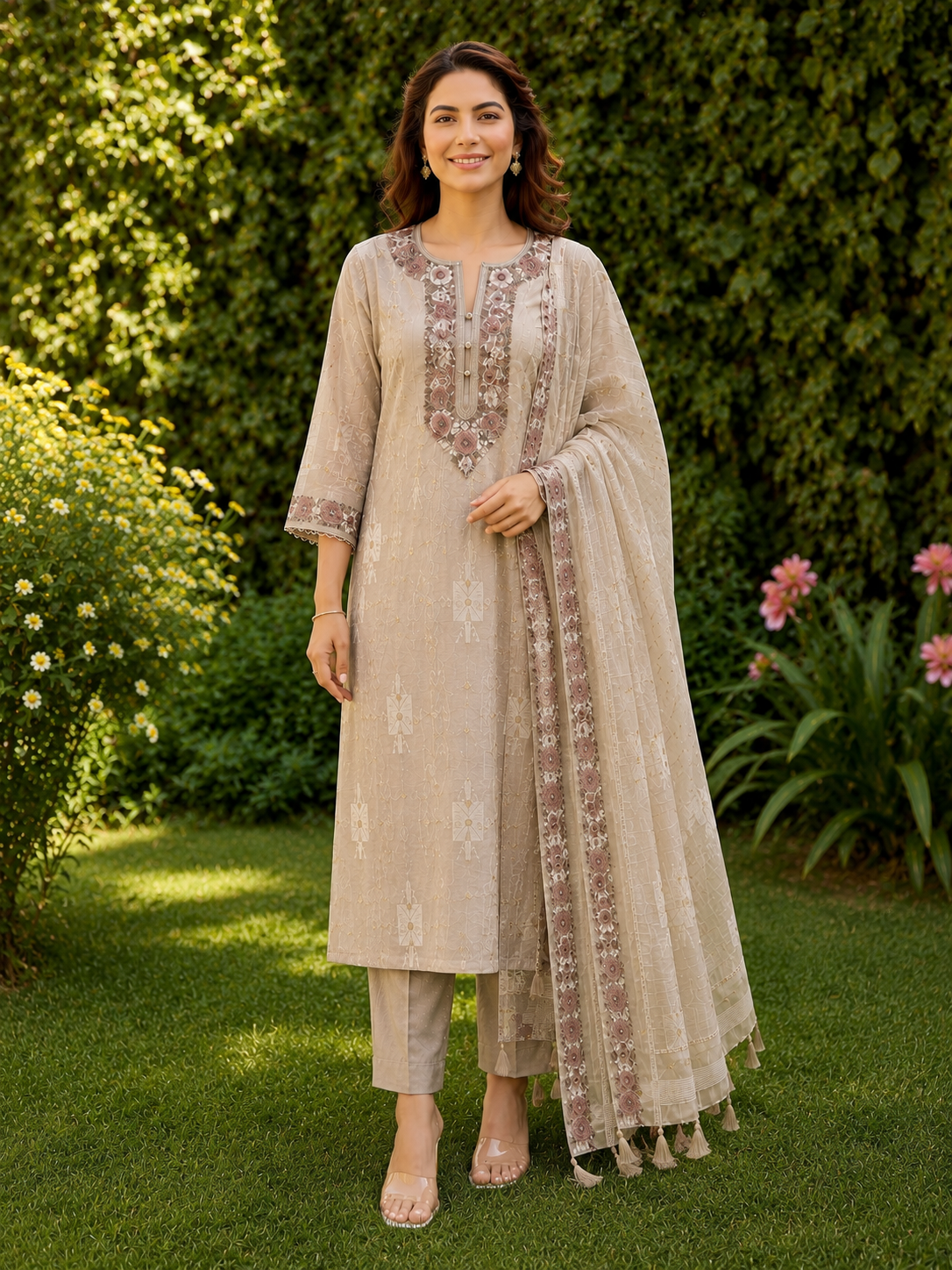 Chanderi Suit Set with Elegant Machine Work
