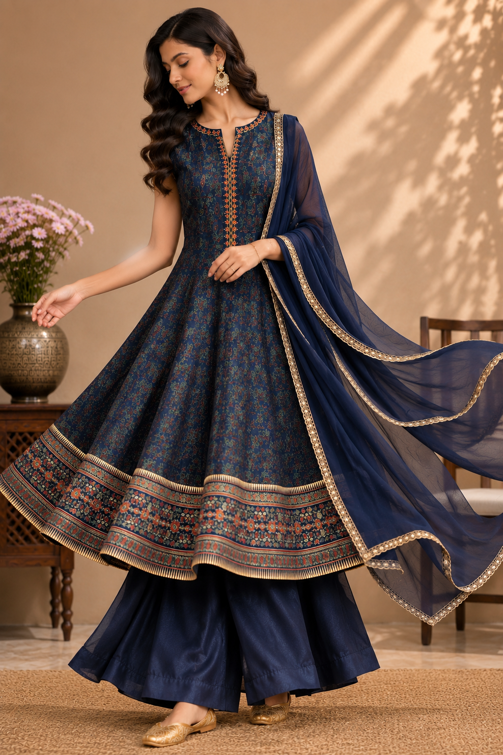Silk Anarkali Suit Set with Handwork & Chinon Dupatta