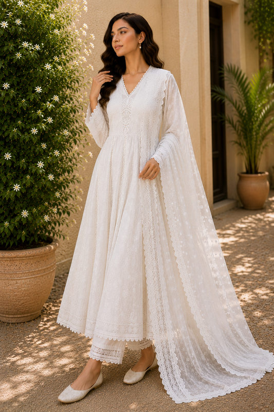 Mul Cotton Chikankari Embroidery Anarkali Suit Set