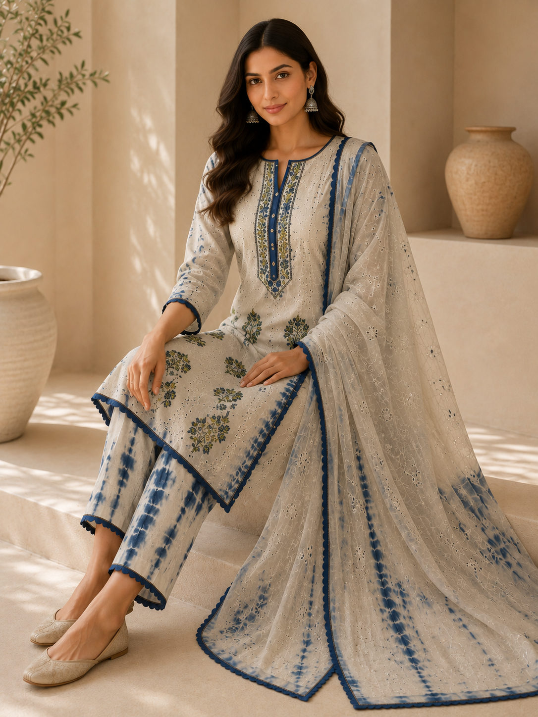 Elegant Cotton Chikankari Unstitched Suit with Tie & Dye Dupatta