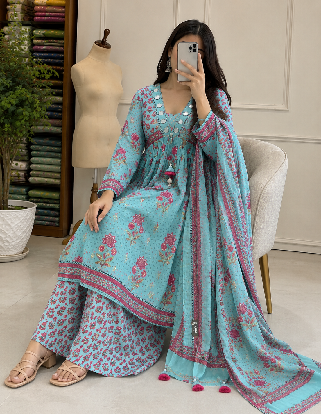 Cotton Printed Anarkali Suit Set with Lace Details
