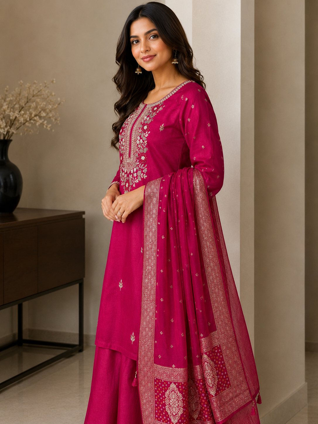 Raw Silk Suit Set with Handwork & Banarasi Dupatta