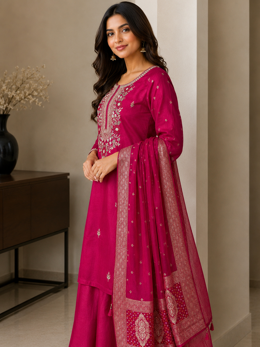Raw Silk Suit Set with Handwork & Banarasi Dupatta