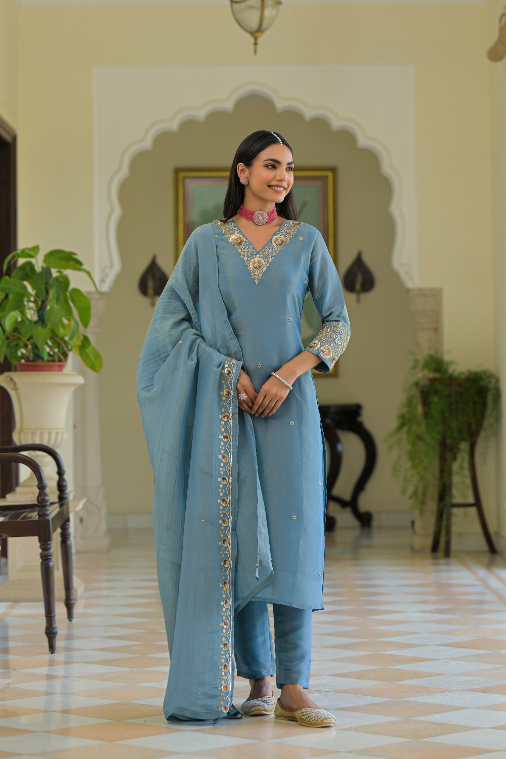 Azure Blue Pure Tissue Suit with Crushed Tissue Dupatta