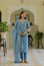 Azure Blue Pure Tissue Suit with Crushed Tissue Dupatta