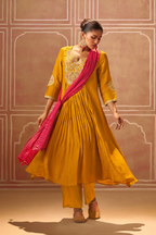 Mustard Crushed Tissue Suit with Red Bandhej Dupatta