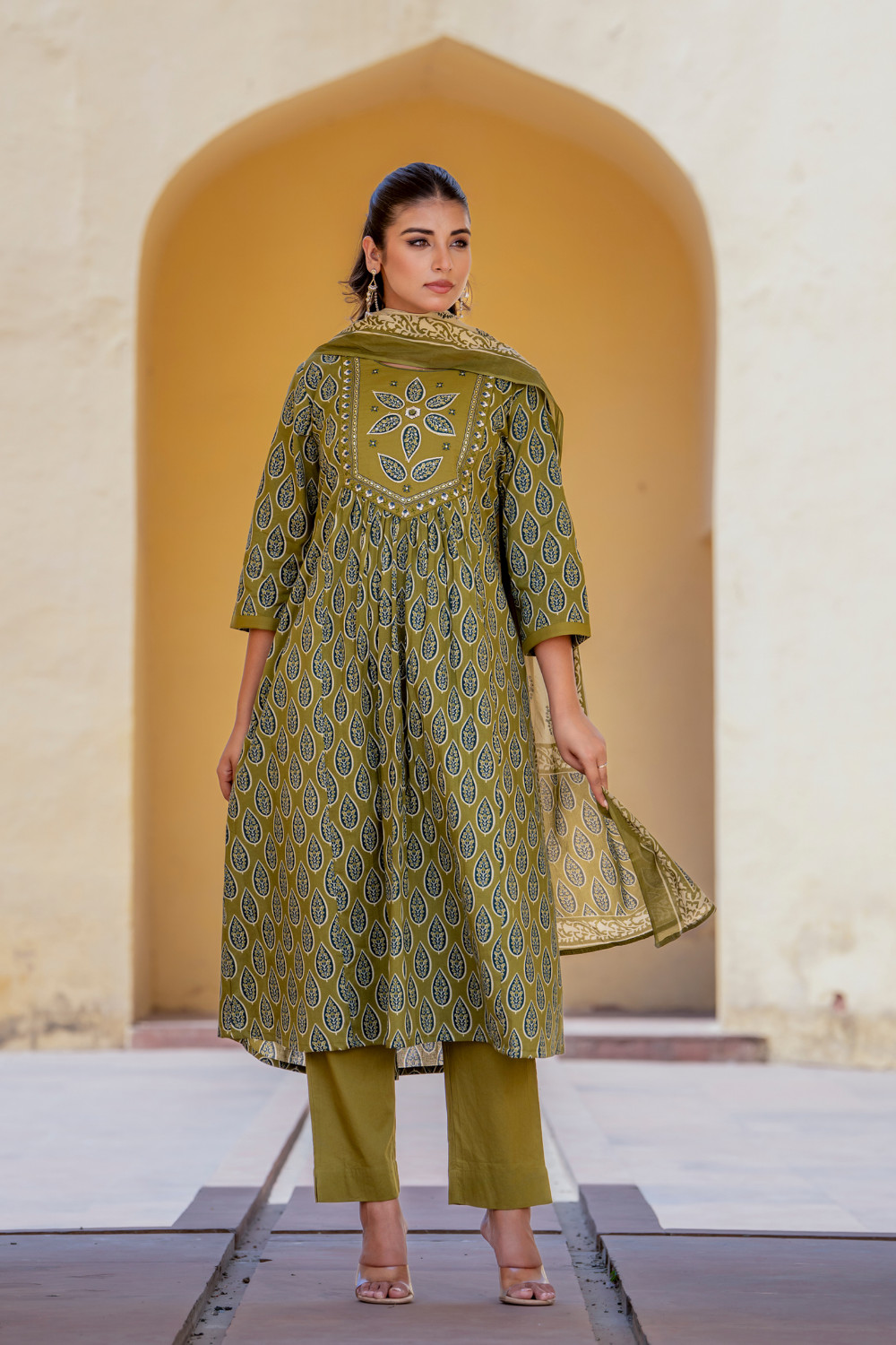Olive Green Cotton A-line Suit with Embroidered Neckline