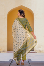 Olive Green Cotton A-line Suit with Embroidered Neckline