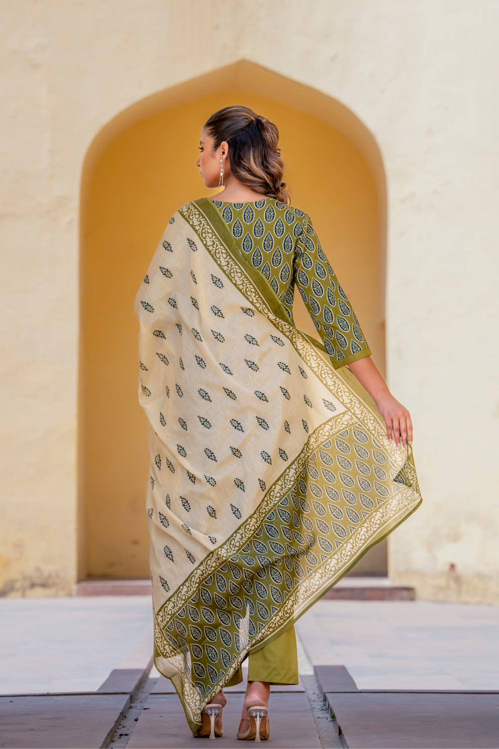 Olive Green Cotton A-line Suit with Embroidered Neckline