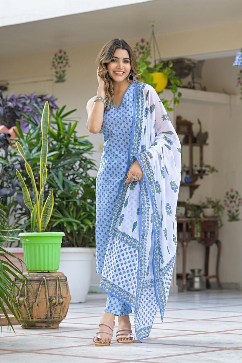 Sky Blue Cotton Block Print Suit with Printed Dupatta