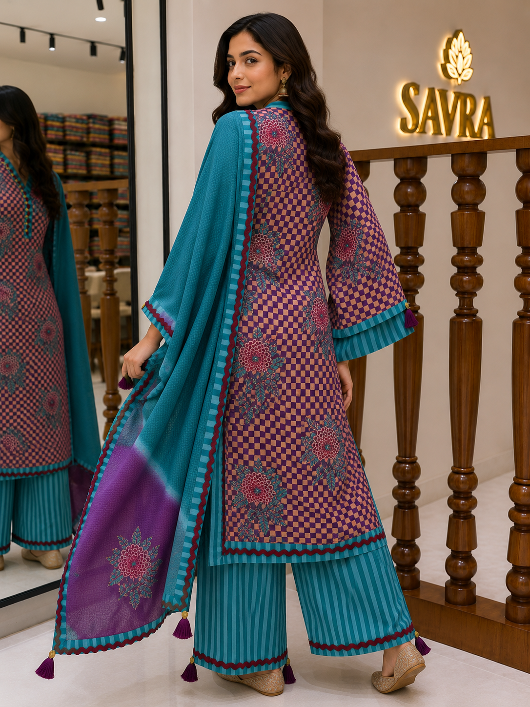 Abstract Print Suit Set with Lace & Appliqué Detailing