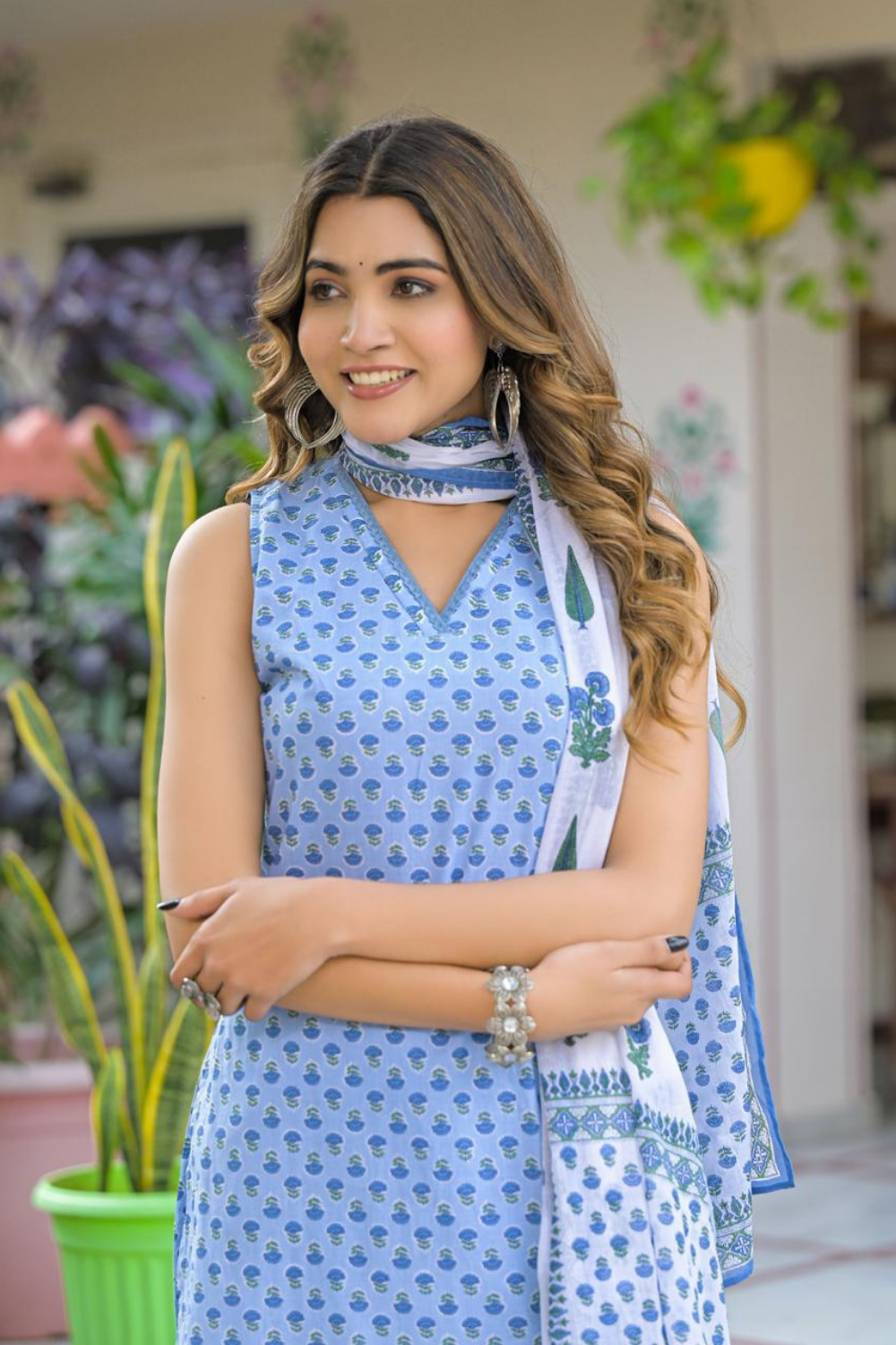 Sky Blue Cotton Block Print Suit with Printed Dupatta