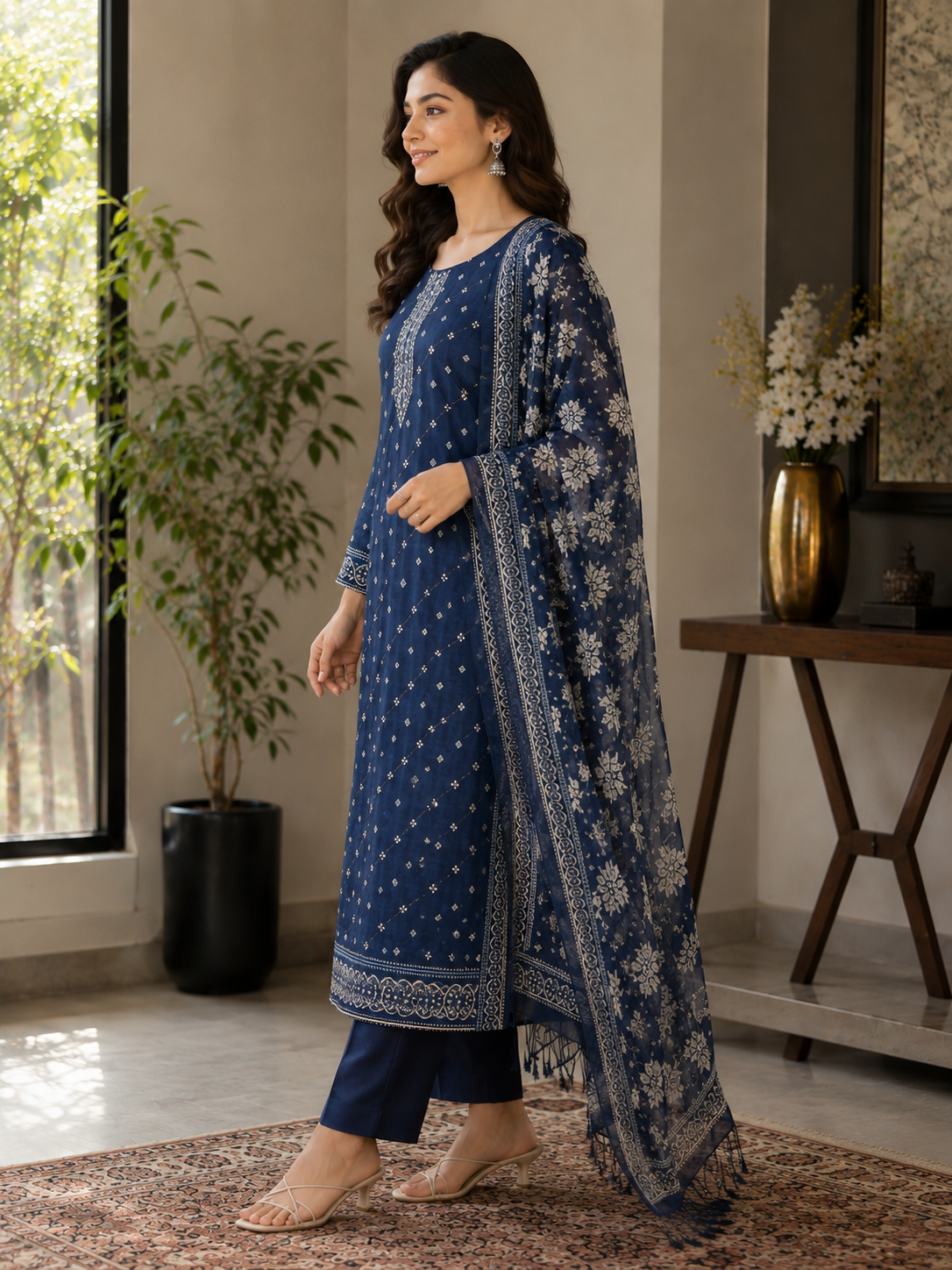 Tussar Silk Suit Set with Kantha Work Detailing