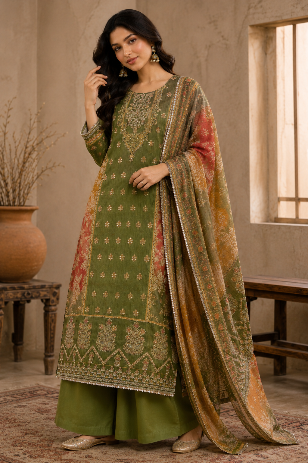 Crust Tissue Suit Set with Thread & Mirror Work Print