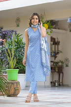 Sky Blue Cotton Block Print Suit with Printed Dupatta