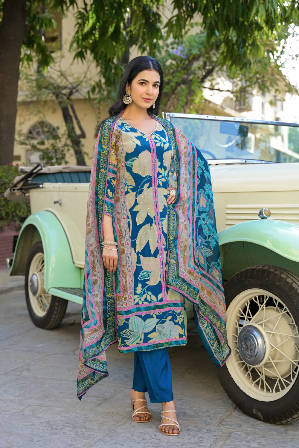 Blue Pure Crepe Suit with Printed Patterns & Organza Dupatta