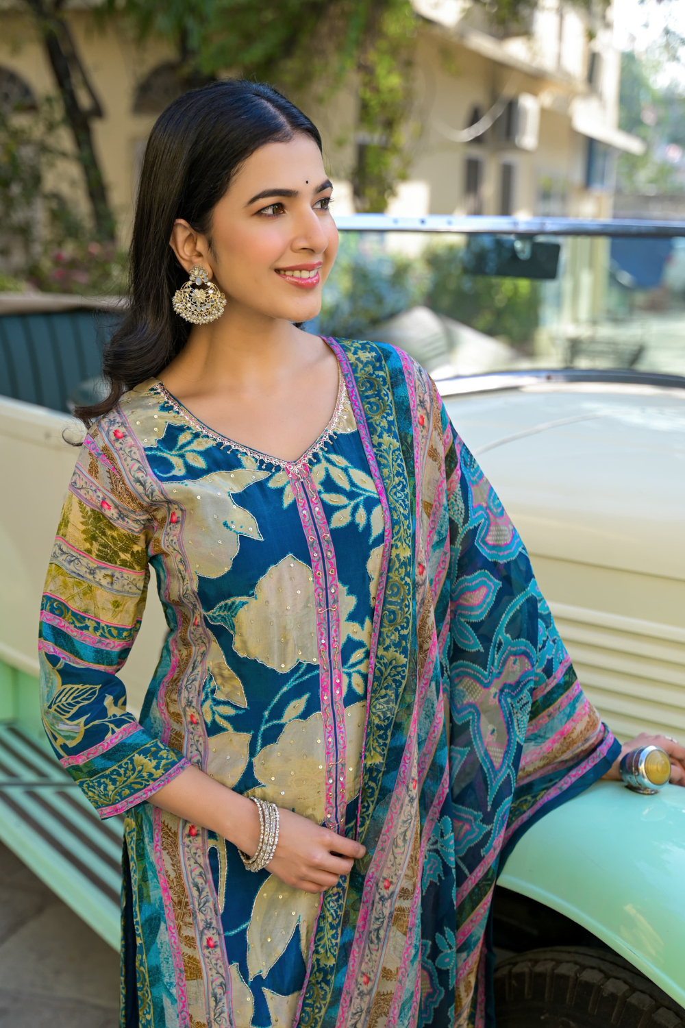 Blue Pure Crepe Suit with Printed Patterns & Organza Dupatta