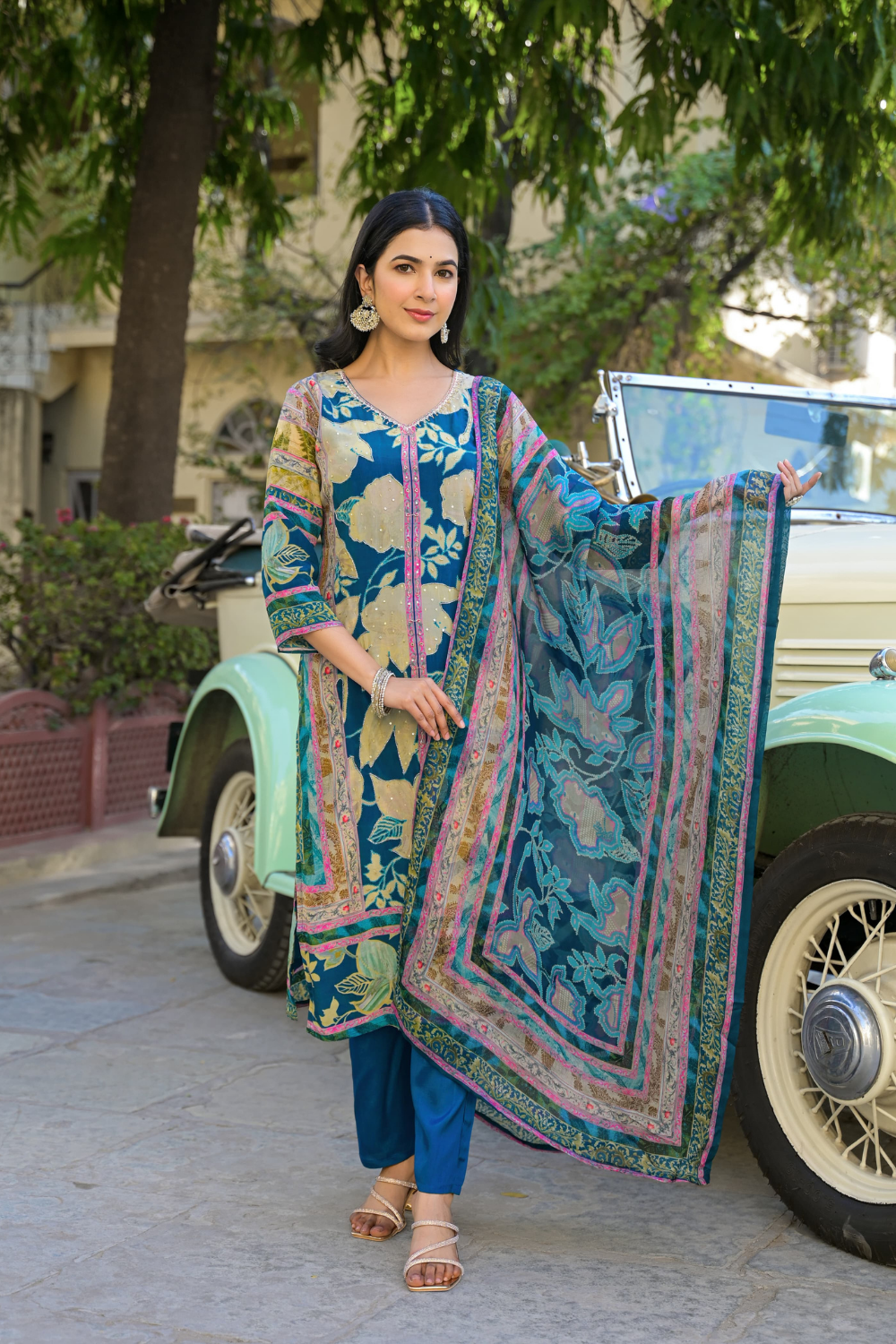 Blue Pure Crepe Suit with Printed Patterns & Organza Dupatta