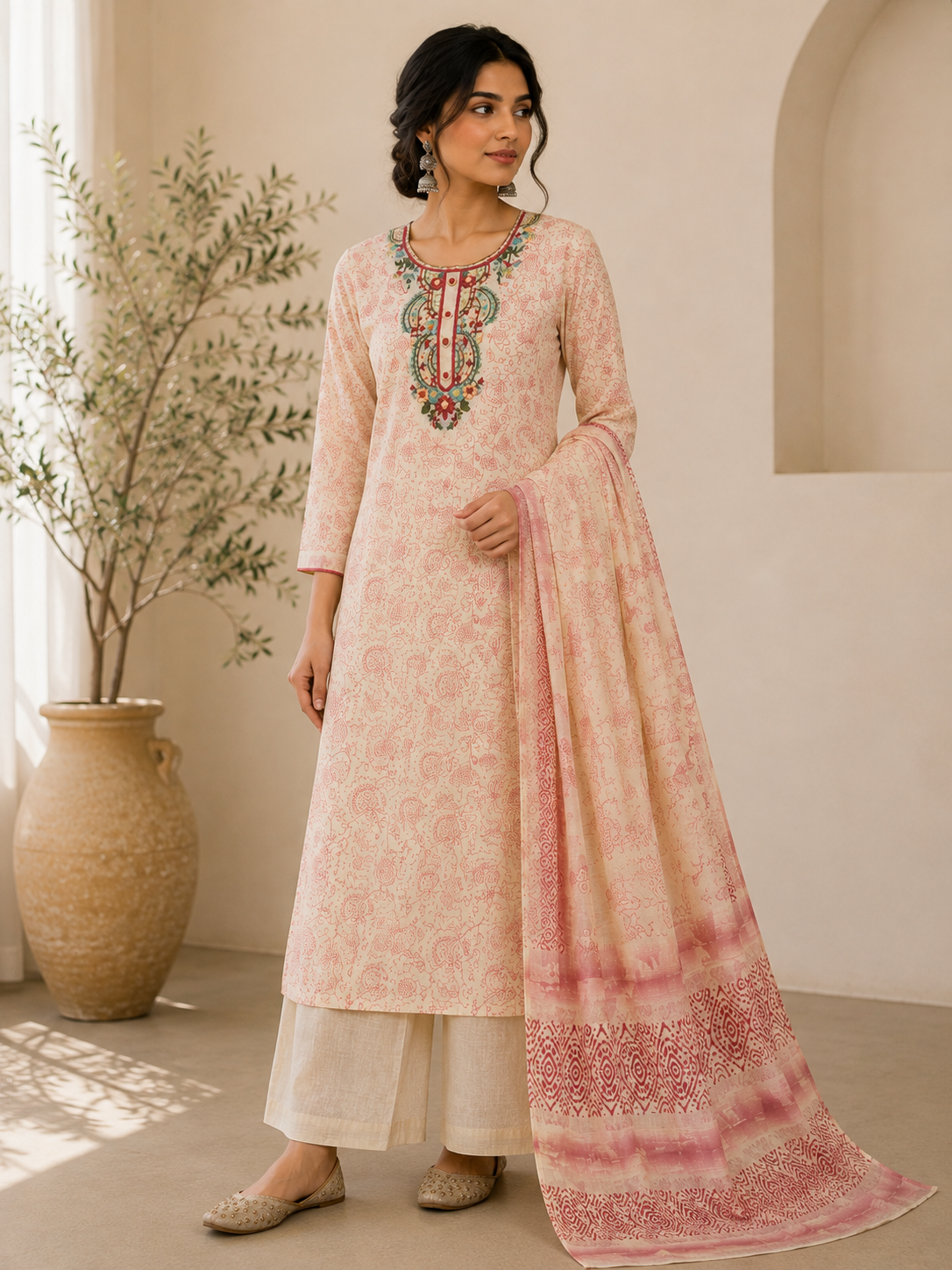 PREMIUM LINEN THREAD HANDWORK UNSTITCHED SUIT SET