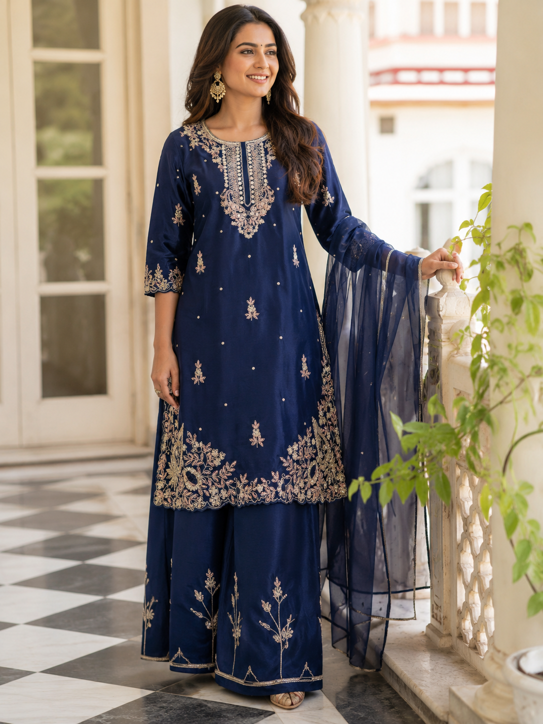 Chinon Handwork Suit Set with Chiffon Dupatta