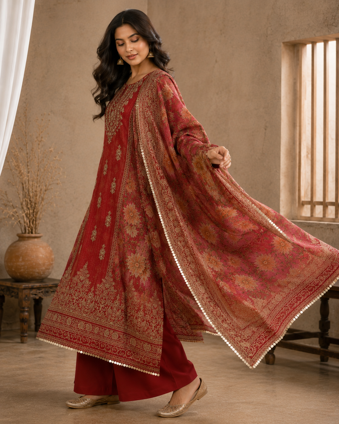 Crust Tissue Suit Set with Thread & Mirror Work Print