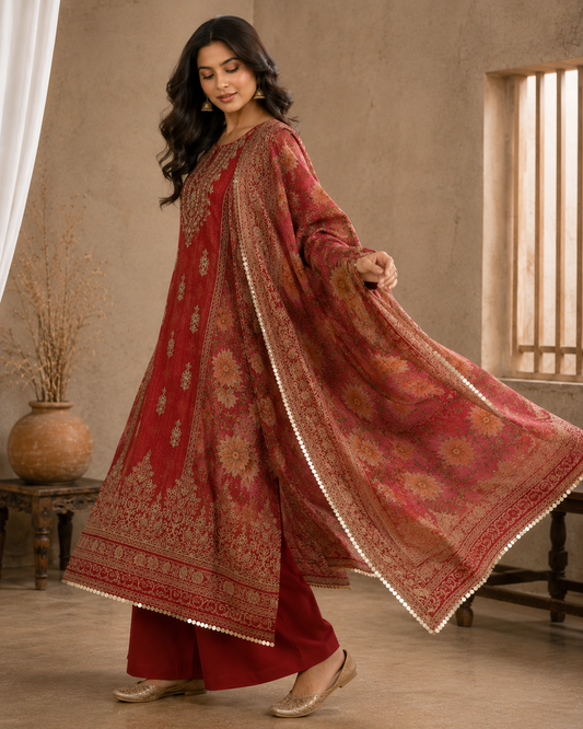 Crust Tissue Suit Set with Thread & Mirror Work Print