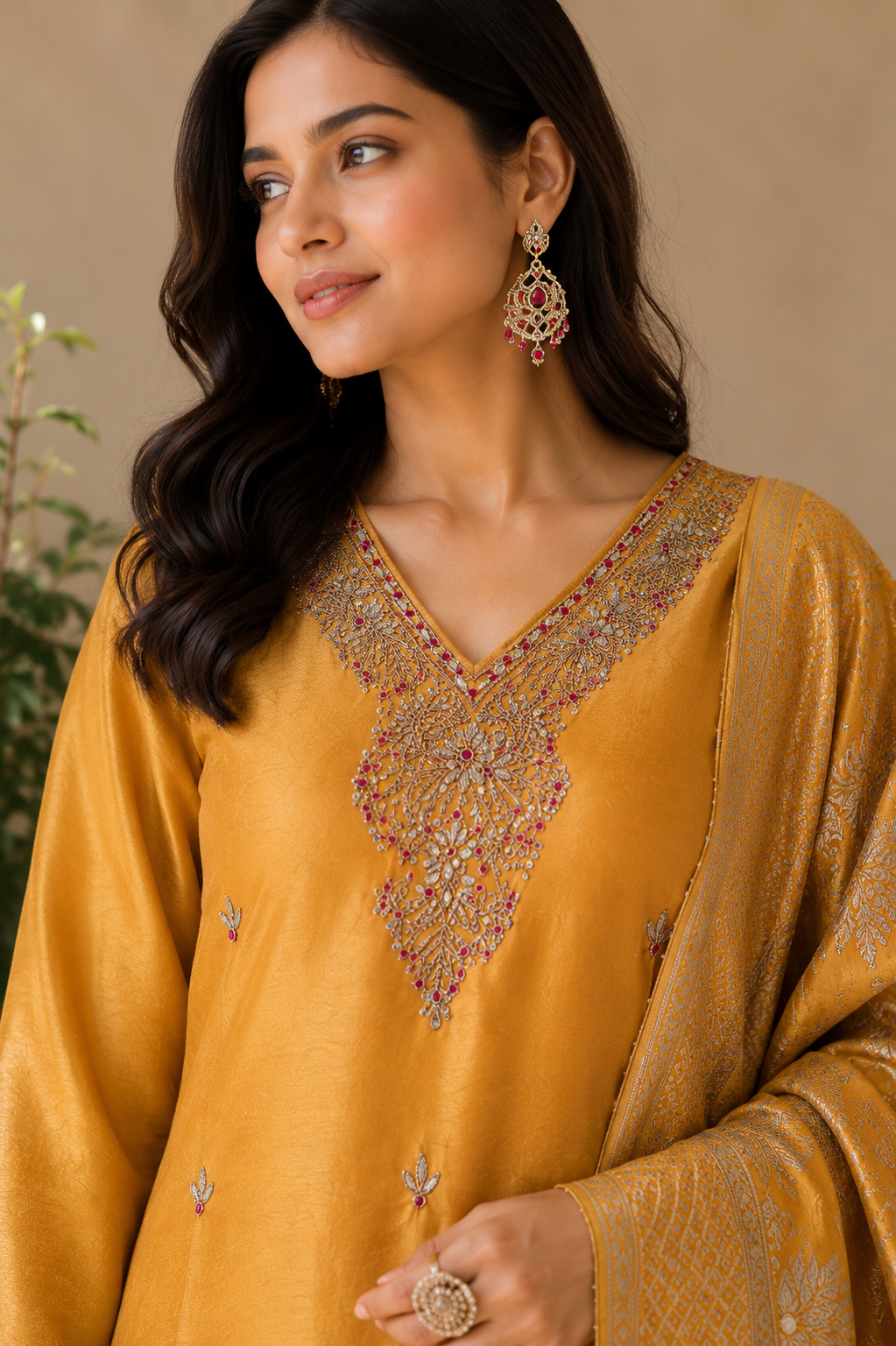 Mustard Silk Suit Set with Banarasi Dupatta & Gotta Patti Work