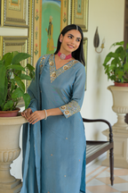 Azure Blue Pure Tissue Suit with Crushed Tissue Dupatta