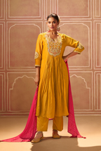 Mustard Crushed Tissue Suit with Red Bandhej Dupatta