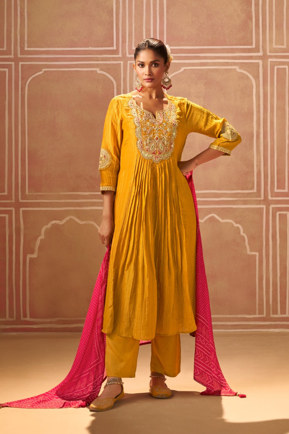 Mustard Crushed Tissue Suit with Red Bandhej Dupatta
