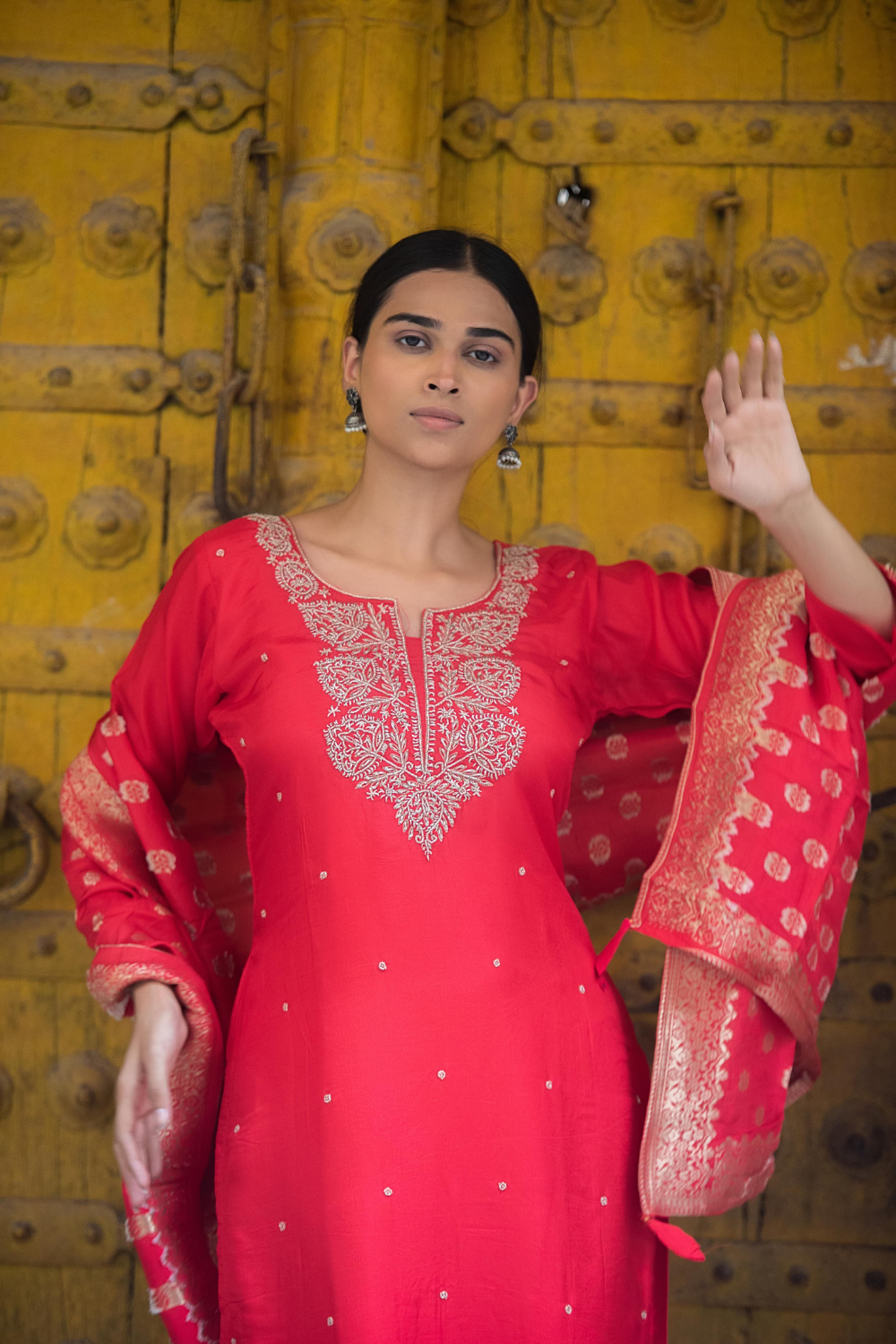 Red Dola Silk Suit with Hand-Embroidered Neckline & Banarasi Dupatta