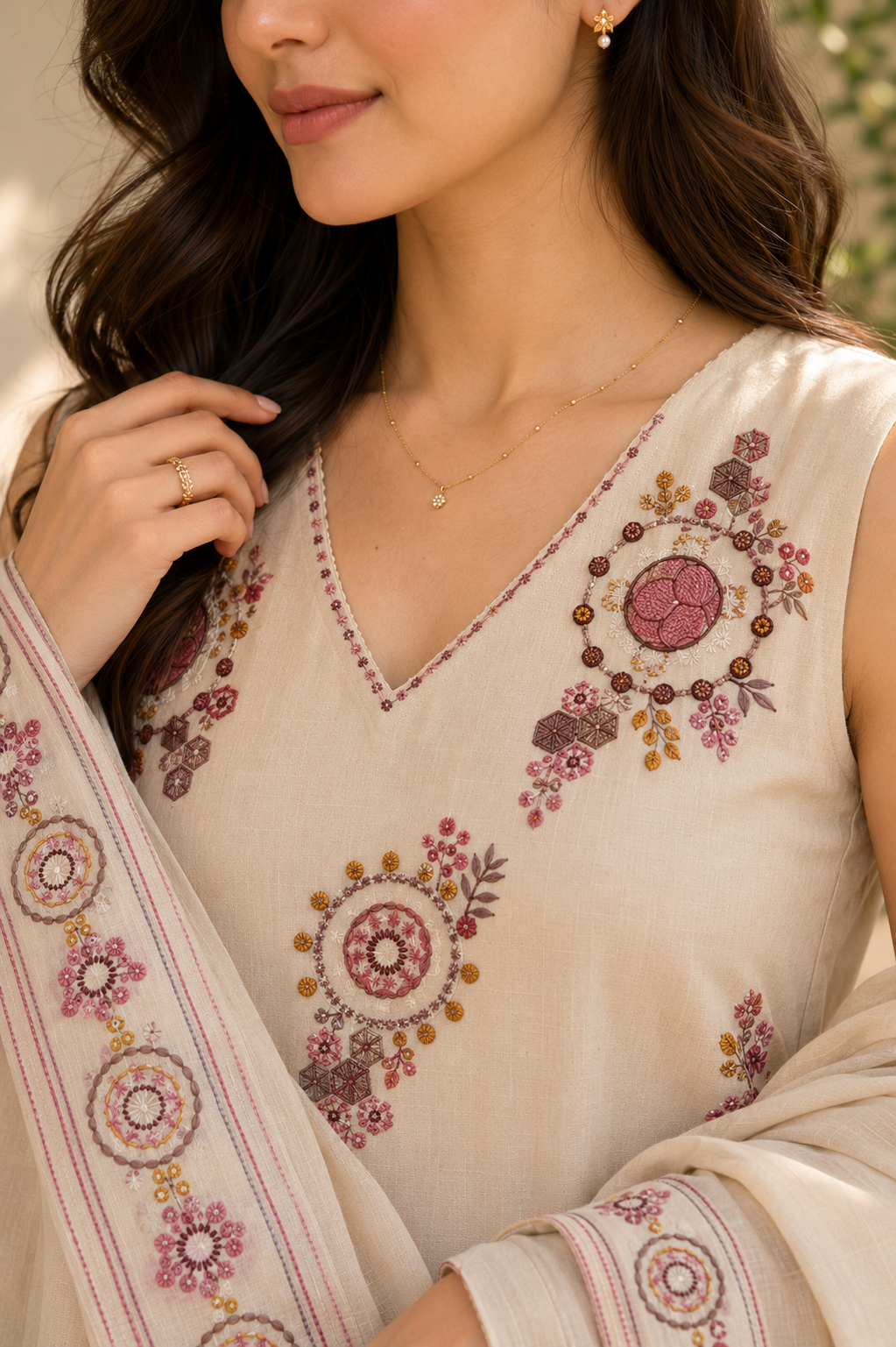 Linen Cotton Suit Set with Embroidered Detailing
