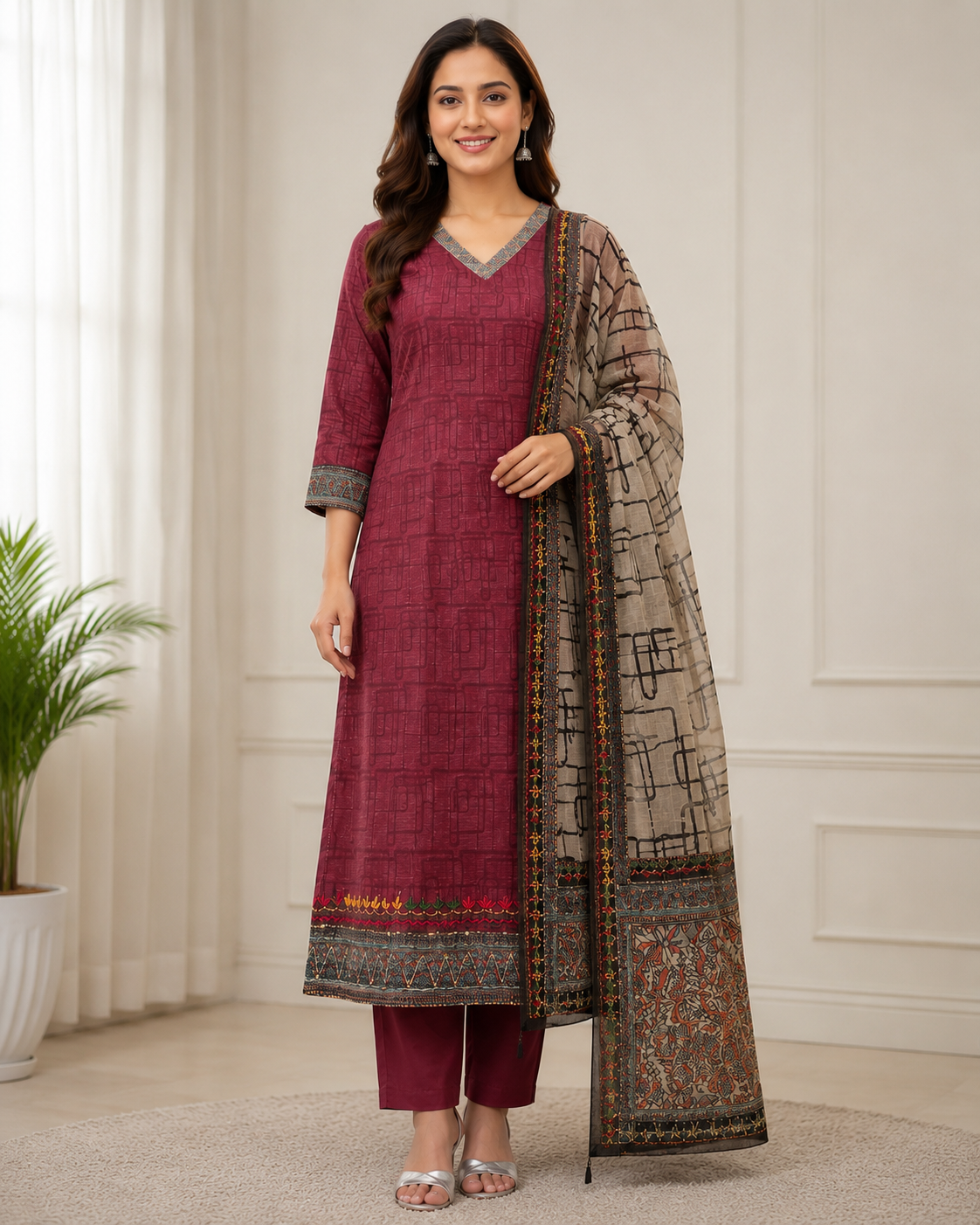 Chanderi Katha Work Suit Set