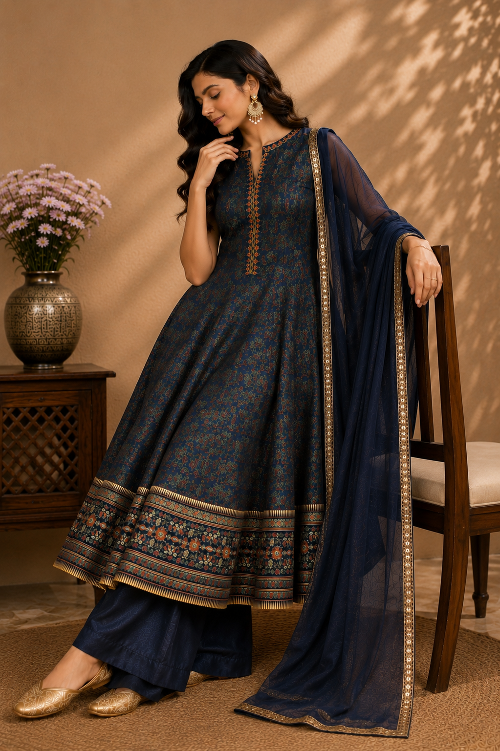 Silk Anarkali Suit Set with Handwork & Chinon Dupatta
