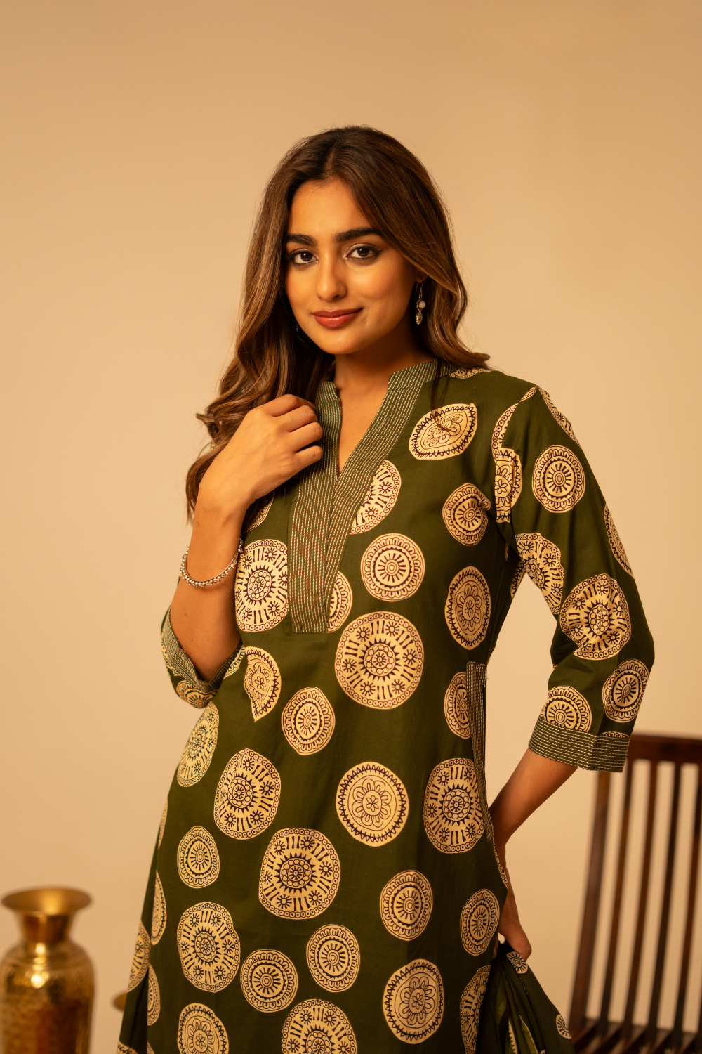Bottle Green Printed Cotton Suit Set