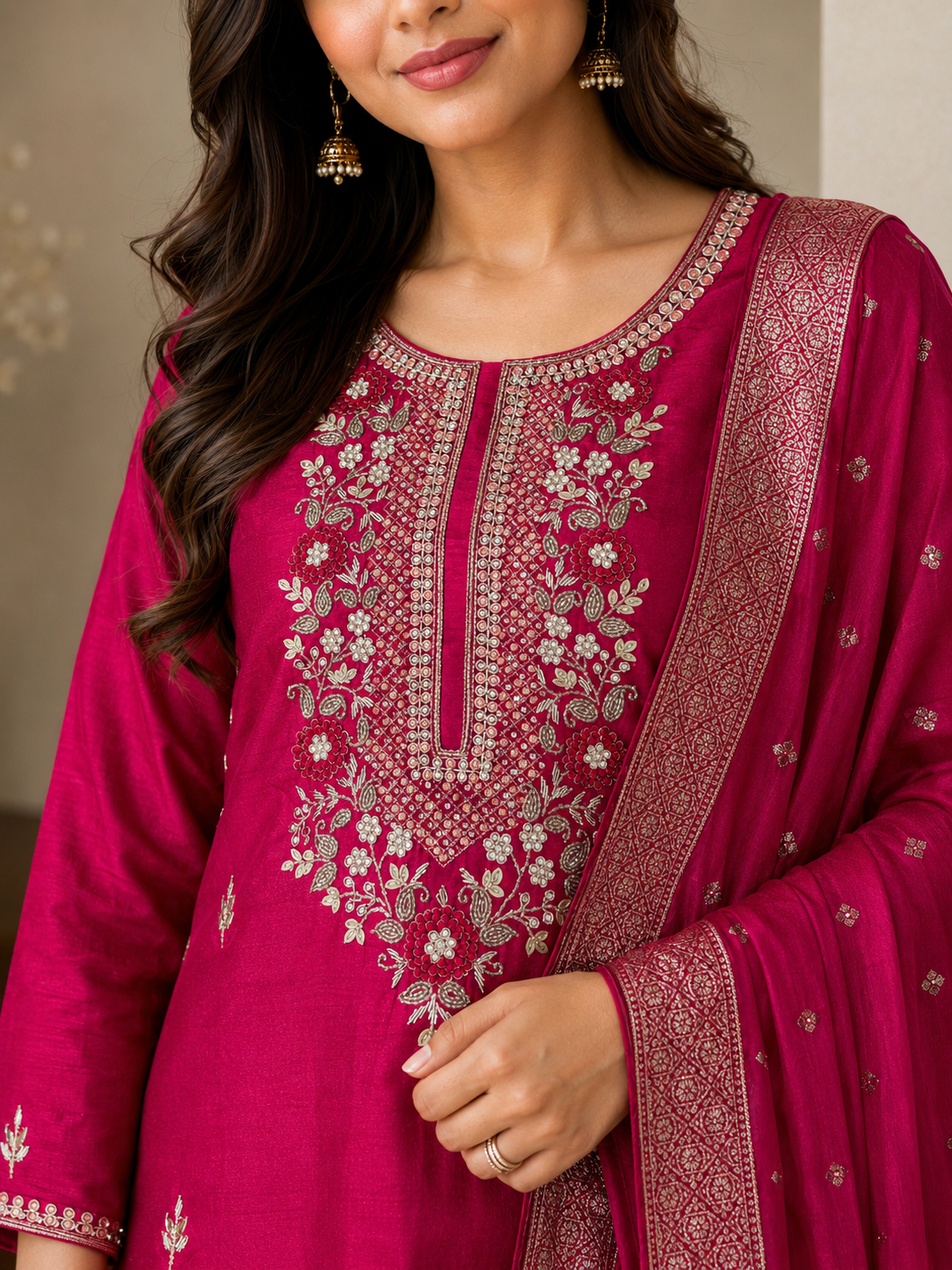 Raw Silk Suit Set with Handwork & Banarasi Dupatta