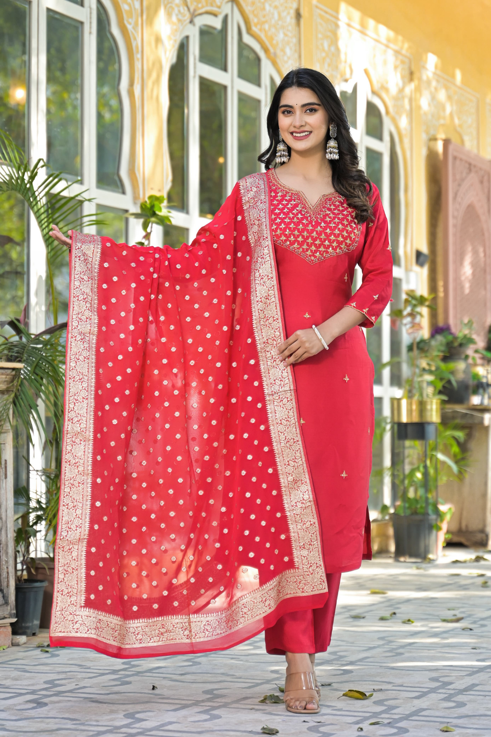 Red Silk Suit with Handwork Neckline & Banarasi Dupatta