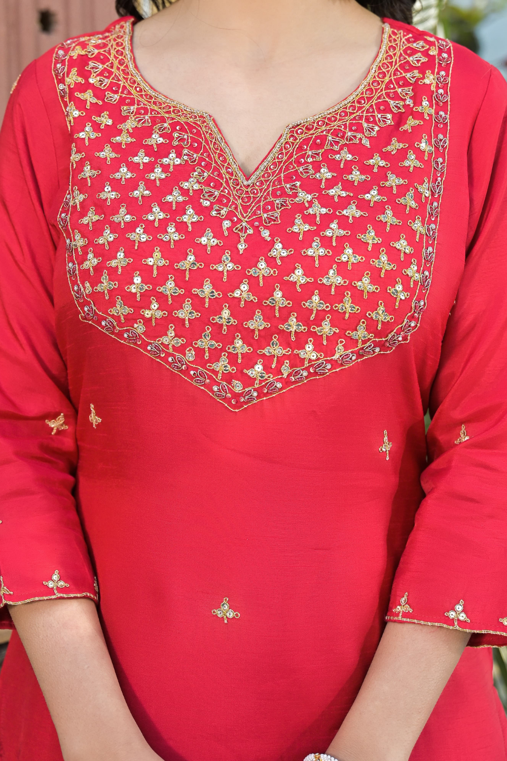 Red Silk Suit with Handwork Neckline & Banarasi Dupatta