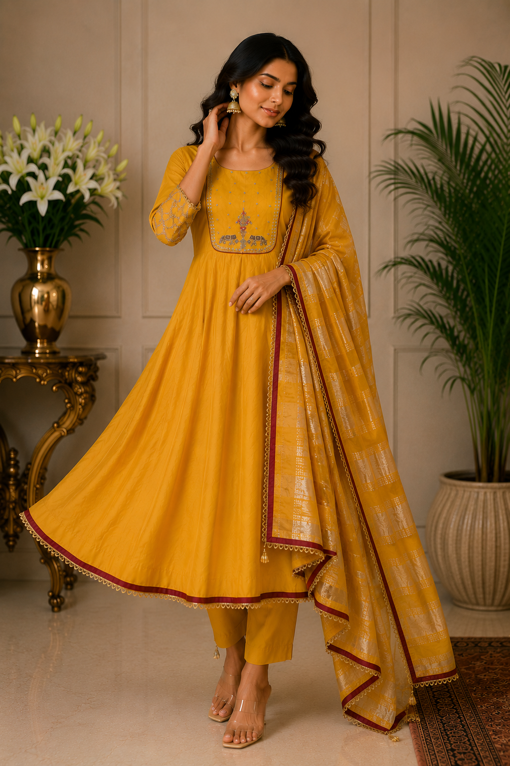 Mustard Mul Chanderi Anarkali Suit Set with Zari & Pearl Work
