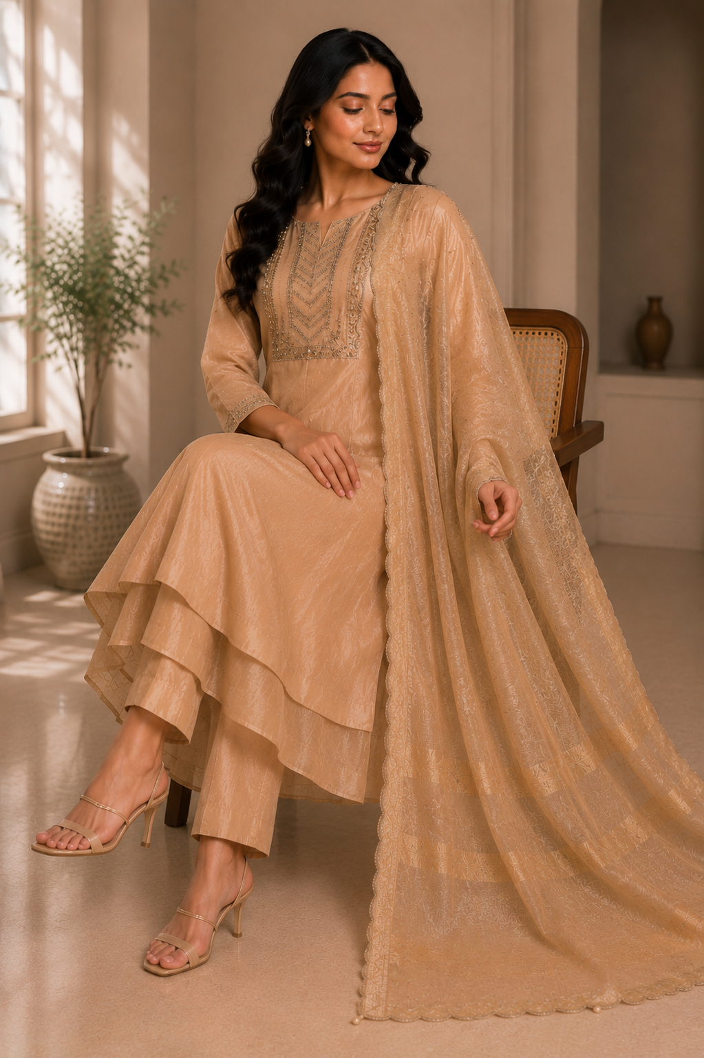 Opara Silk Two Layer Suit Set with Handwork